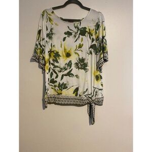 Chicos Womens Floral Print Top Size 2 Green & Yellow 3/4 Sleeve Tie Hem L Tunic